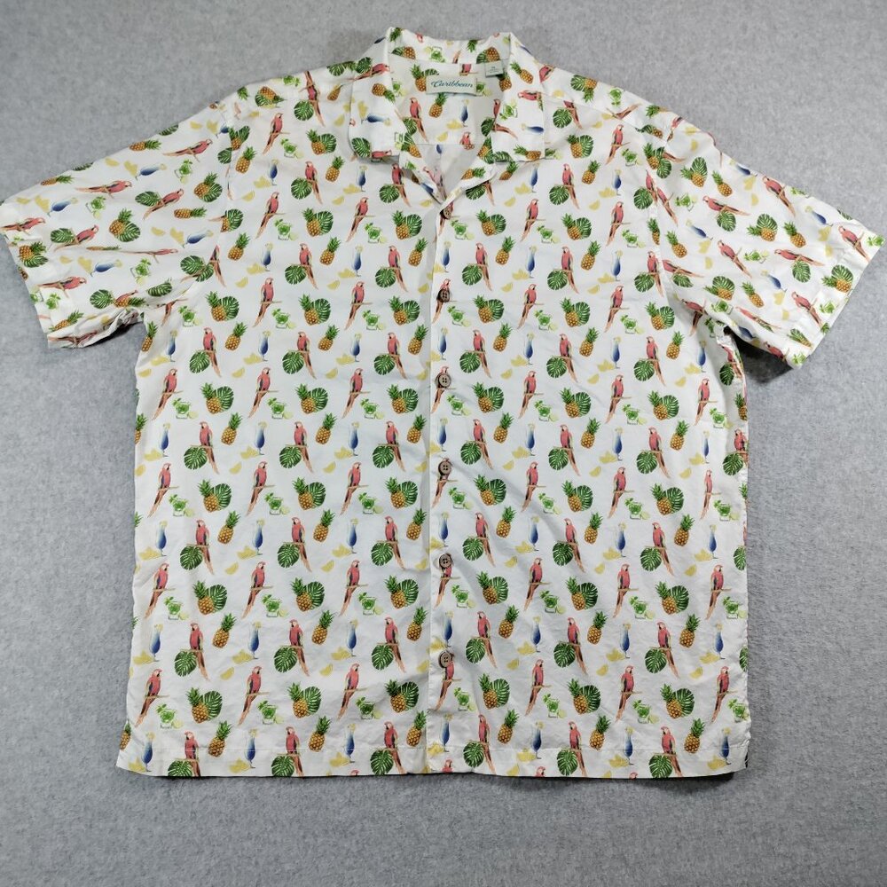 Caribbean Hawaiian Shirt Men XL White Pineapple Parrots Print Cotton Camp Collar
